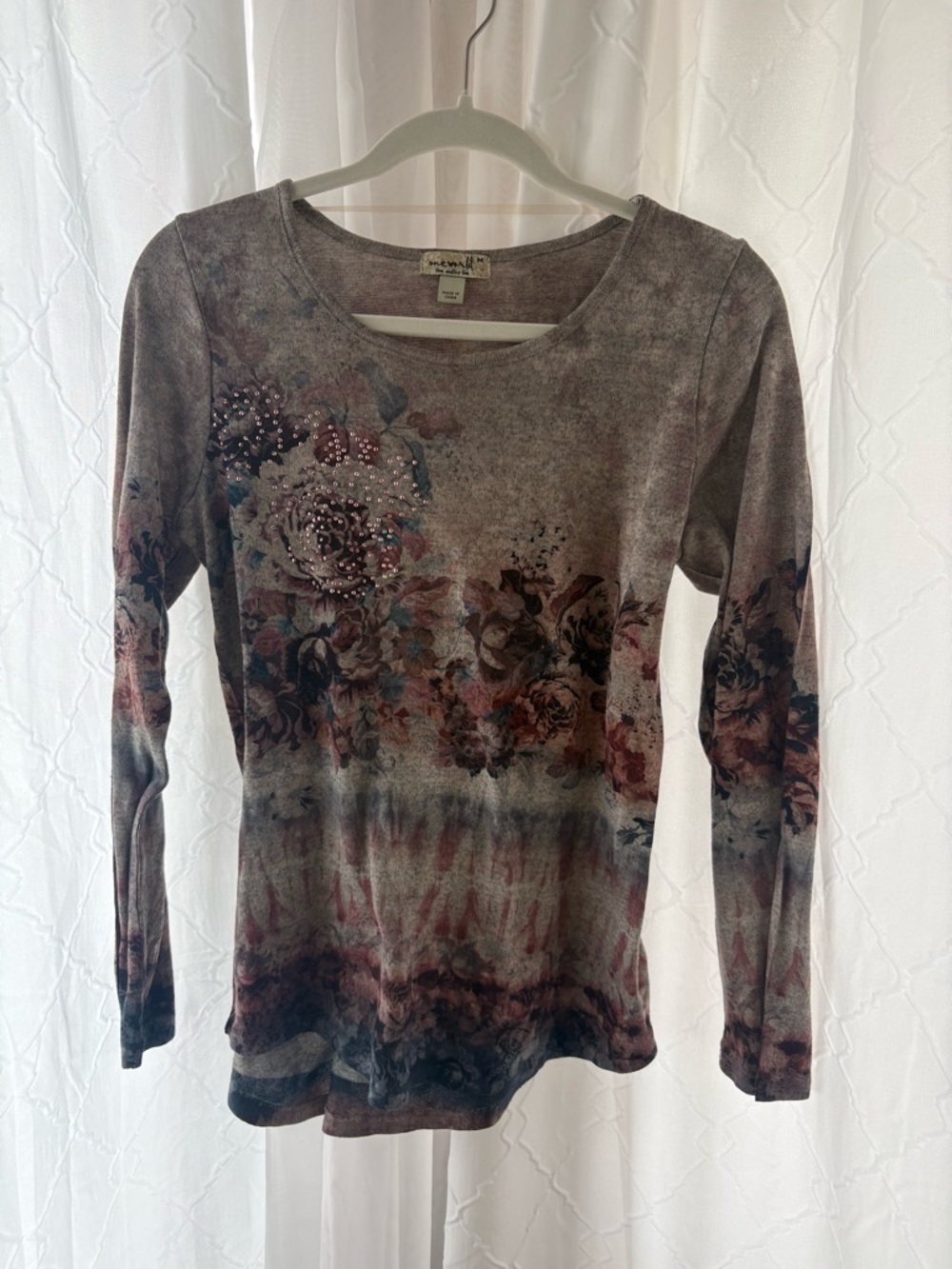 ONE WORLD Dusty Rose Floral Scoop Neck Long Sleeve Top